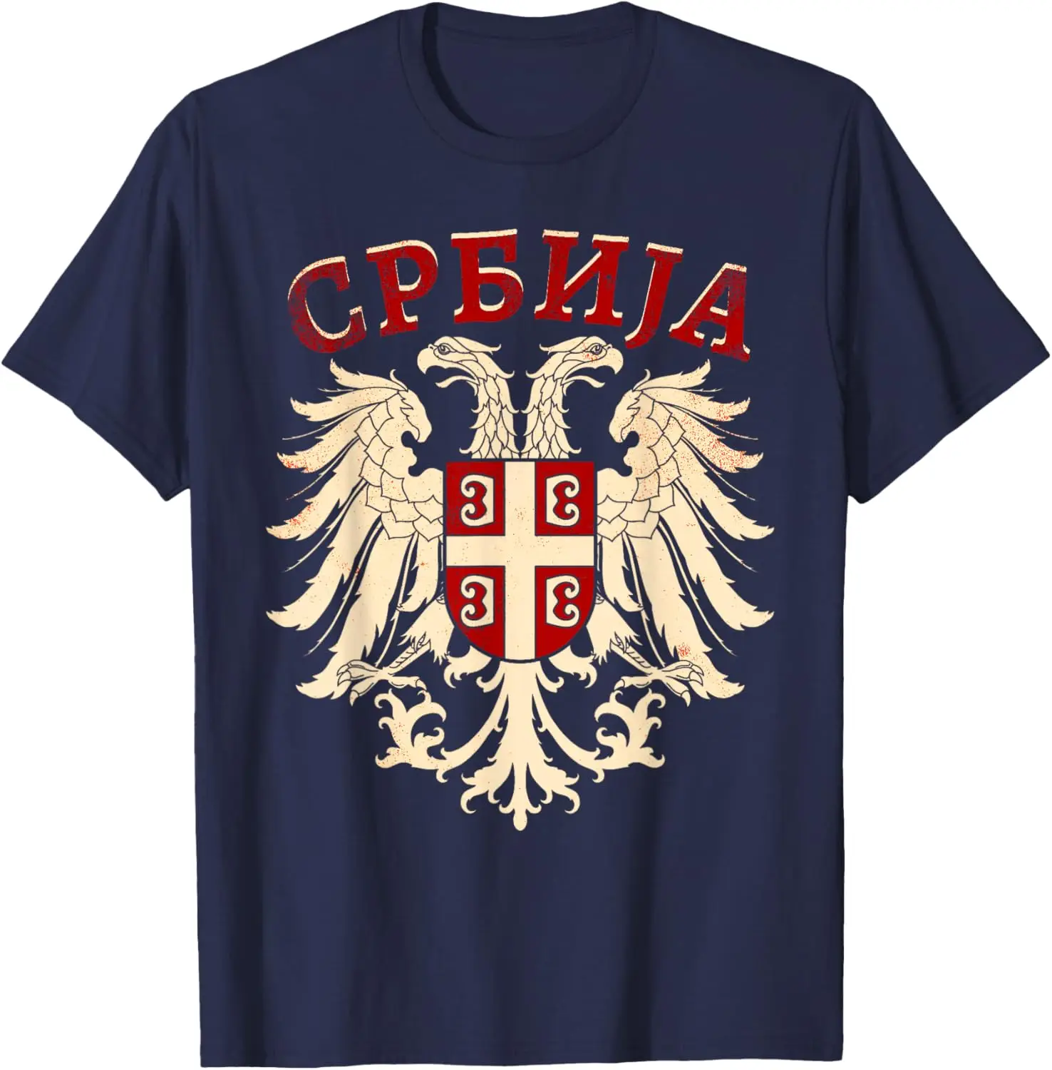 Serbia Serbian Serb Coat of Arms Eagle Cross Flag Cyrillic T-Shirt Short Sleeve Casual 100% Cotton Shift