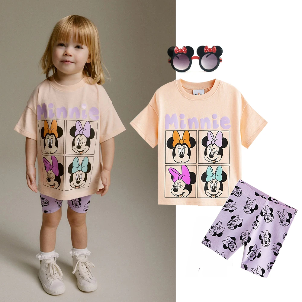 Disney Cartoon Minnie Mouse Printed T-shirt and Pants Short for Kids Girl 2PCS Children Clothing Toddler Pajamas Cute Outfits