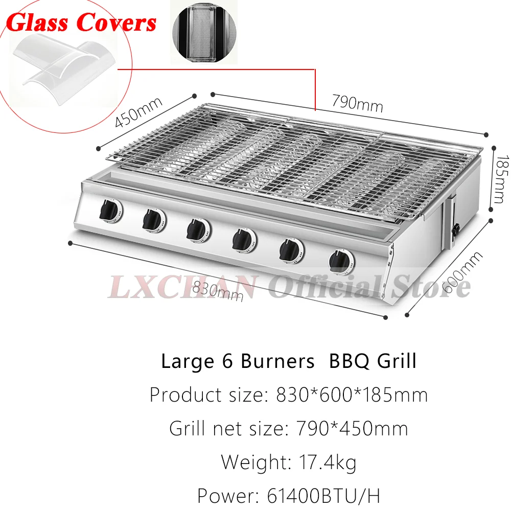 LXCHAN 4/6 Burners BBQ Grill LPG Gas Grill Gas Stoves Stainless Steel Burners Outdoors Camping Barbecue Widened Type Grill