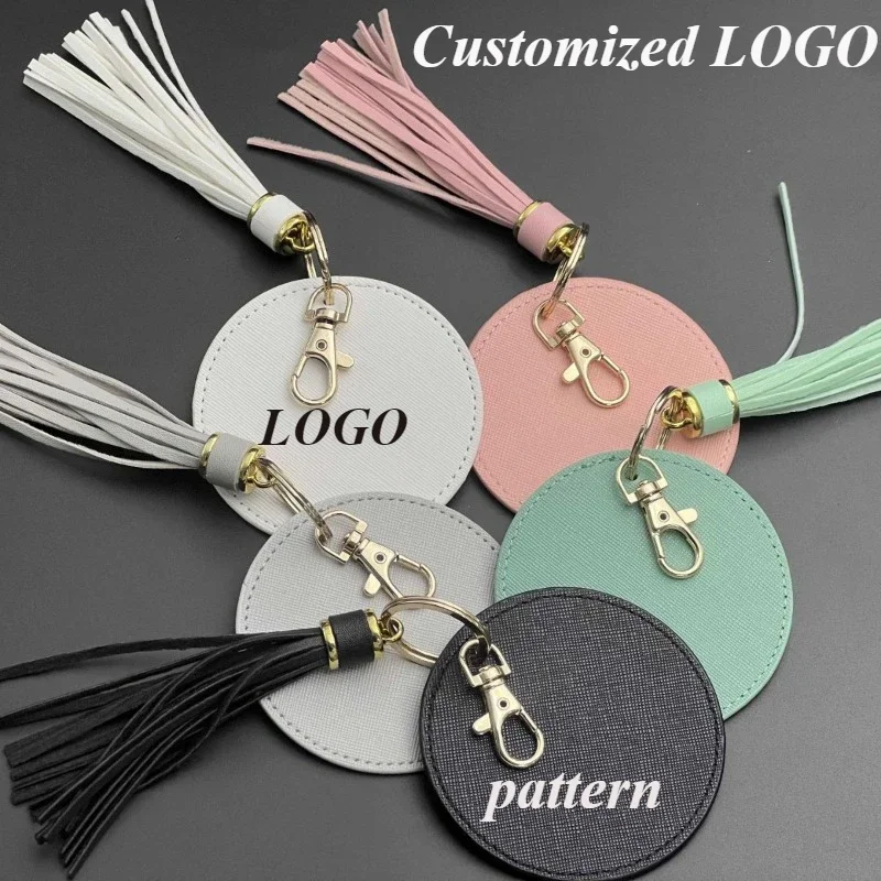 

Custom LOGO High-end Round Card Tassels Leather Keychain Personalized Keyring Men Women Laser Engrave Key Chain Gift Wholesal