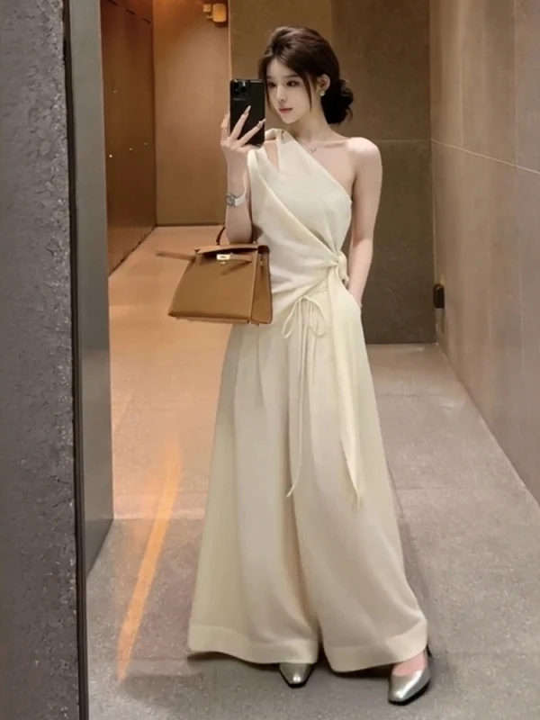 

Elegant Asymmetric Shoulder Bow Waist Cinching Wide Leg Pants Set Women's Summer High Fashion Casual Ensemble Long Pants