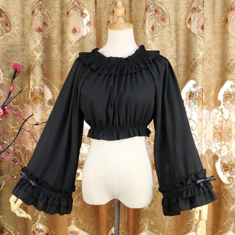 Korean Vintage Ruffle Black Beige White Top Women Long Sleeve Summer Chiffon Blouse Sweet Cute Ladies Girls Lolitta Fashion Top