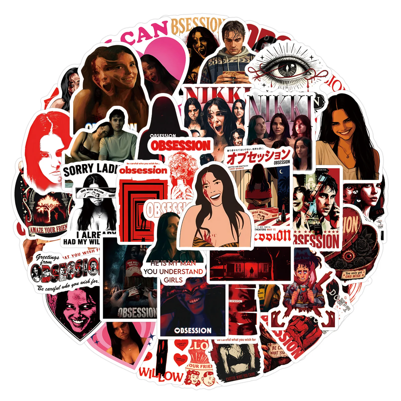 55Pcs Horror Movie Obsession Stickers One Wish Willow Merch for Fans Waterproof Vinyl Decals Phone Luggage Water Bottle Stciekrs