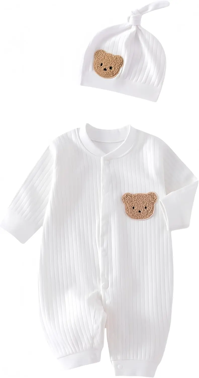 

Детская одежда для мальчиков и девочек с шапочкой, 100% хлопок, длинный рукав, трикотажный комбинезон на пуговицах для младенцев