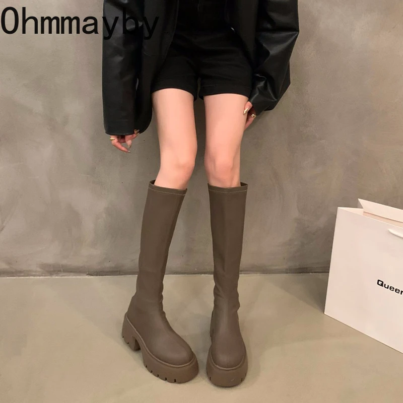 Platform Women Knee-High Boots Fashion Zippers Shoes Autumn Winter Thick Heel Women\'s Knight Long Booties