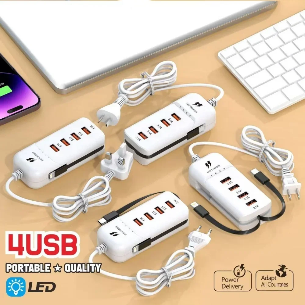 66W Charger USB Type C Fast Charging Power Socket USB Hub Adapter Type C Cable Quick Wall Charger For iPhone Samsung Xiaomi