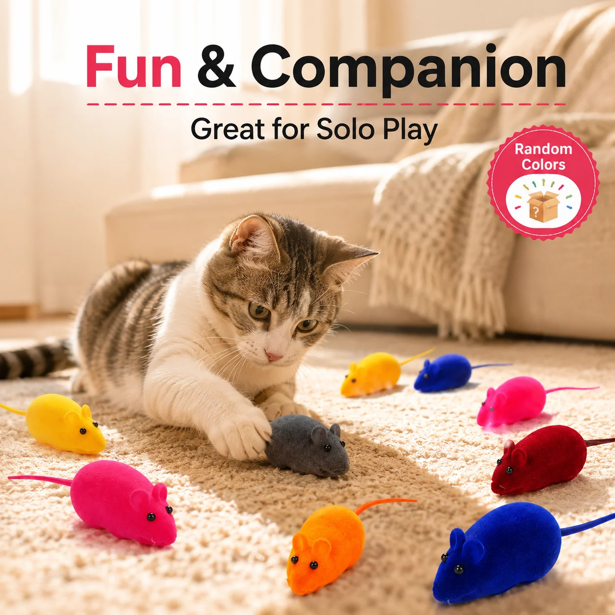 Flocked Mouse Cat Toy with Colorful Design, Self-Play Interactive Toy, Boredom Relief Toy for Cats