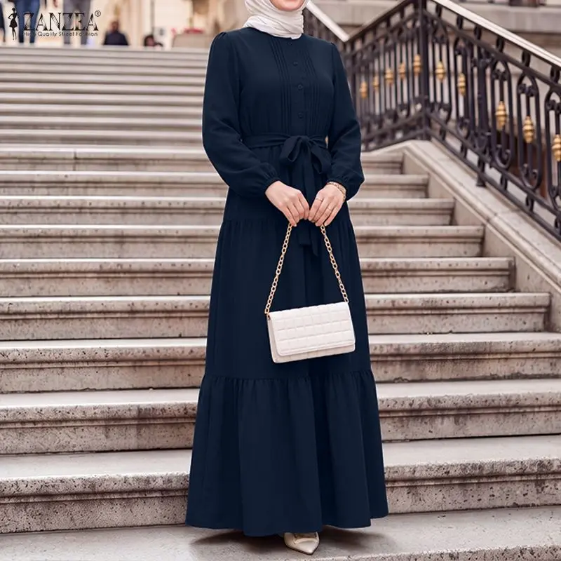 Elegant Muslim Abaya Dress ZANZEA Women O Neck Long Sleeve Pleated Sundress Maxi Robe Casual Kaftan Stylish Party Dress Ramadan