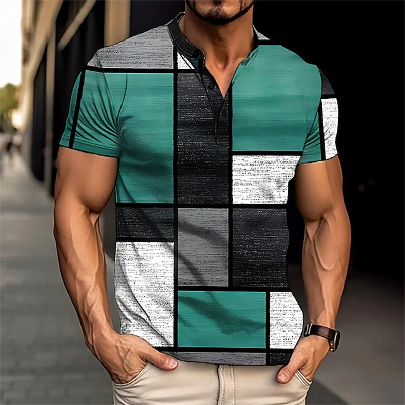 Vintage Henley Shirts Color Block 3D Print Men\'s Fashion Streetwear Button-Down Short Sleeve T Shirt Man Male Tees Tops Clothing