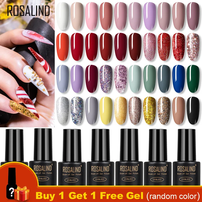 ROSALIND-Esmalte en Gel para uñas, barniz semipermanente multicolor para manicura, Base, capa superior, purpurina, arte de uñas