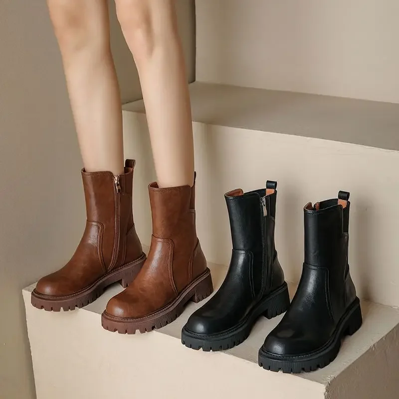 Botas cómodas con punta redonda para mujer, zapatos de tacón medio hasta la pantorrilla, calzado elegante y elegante de Pu, 2024