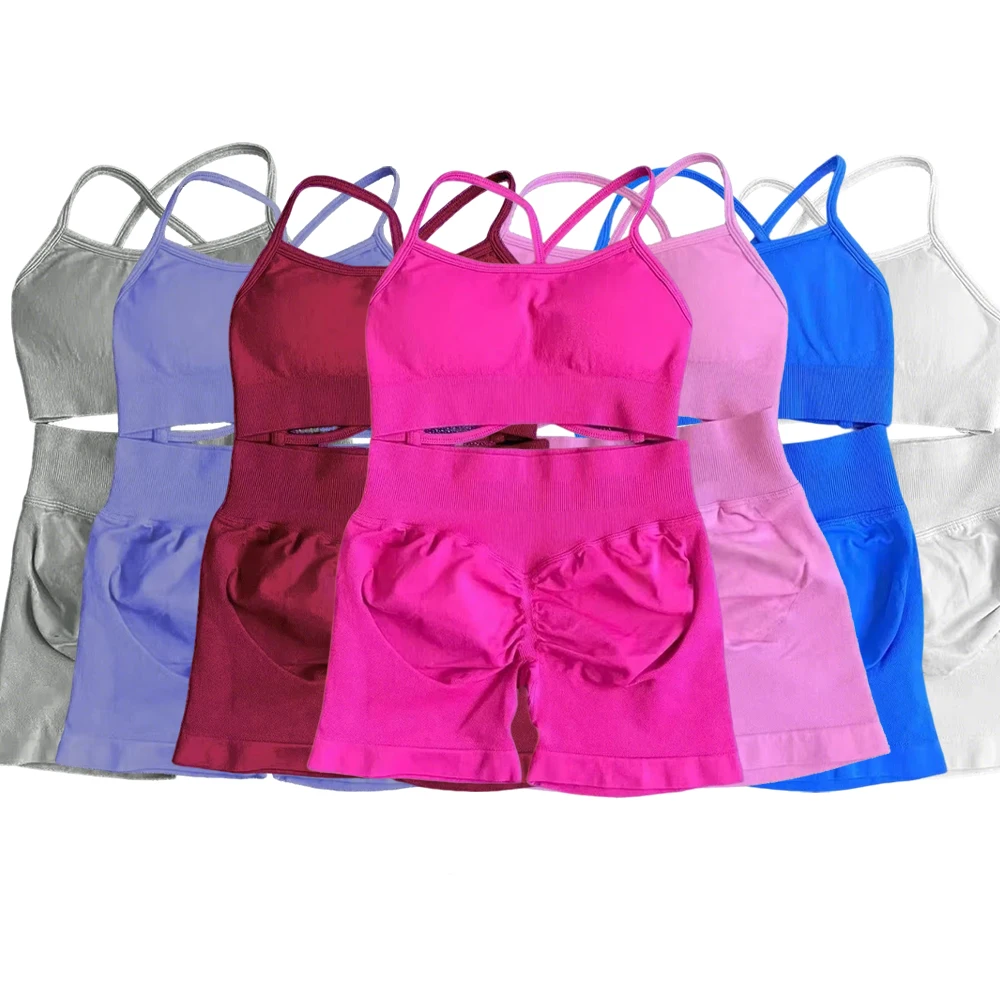 New Seamless Shorts Sets Shockproof Sexy Backless Bra High Waist Leggings Breathable Women's Tight Fitting Sports Gym Suits