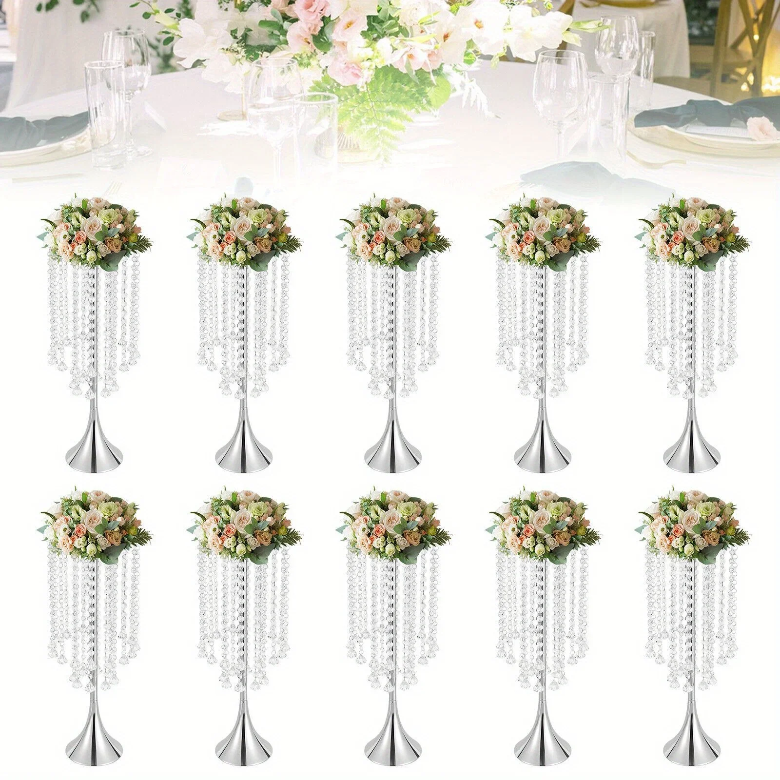 

10Pcs Crysta Flower Stand Wedding Centerpieces on Floor 21.9in Iron Pedestal Stands Tabletop Vase for Wedding Party Decor
