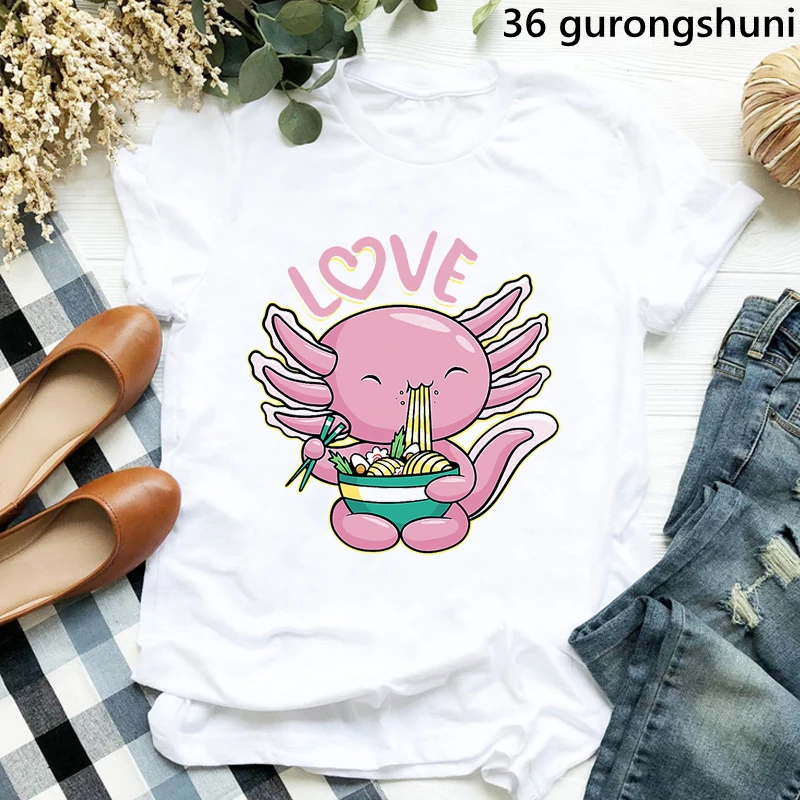 Love Axolotl Funny Tshirt Women Clothes 2024 White T Shirt Femme Harajuku Shirt Summer Fashion Short Sleeve T-Shirt Female Tops