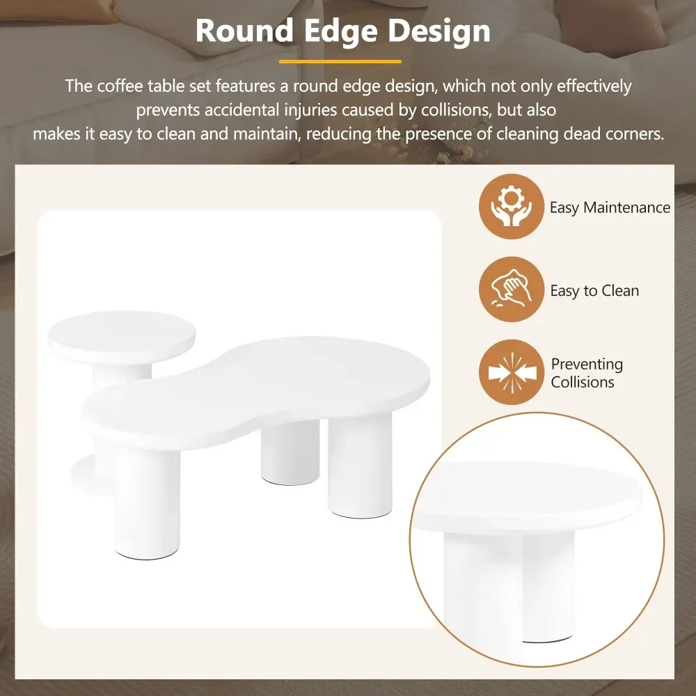 Nesting Coffee Table Set of 2, Cream Style Cloud Coffee Table with Round Small Side Table, Irregular Center Tables