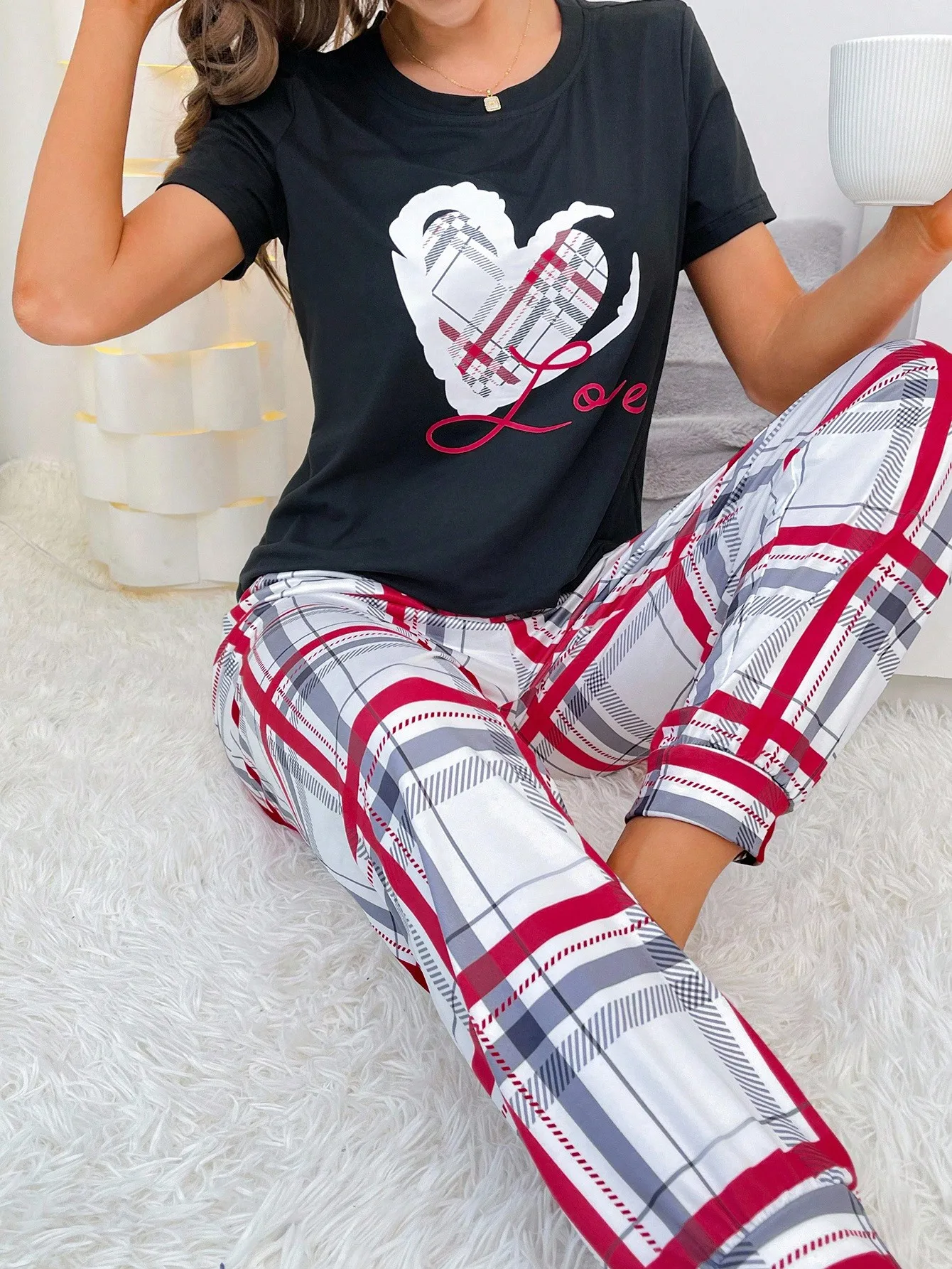 

Black Short Sleeve Top with Heart & Plaid Print + Matching Pants Pajama Set