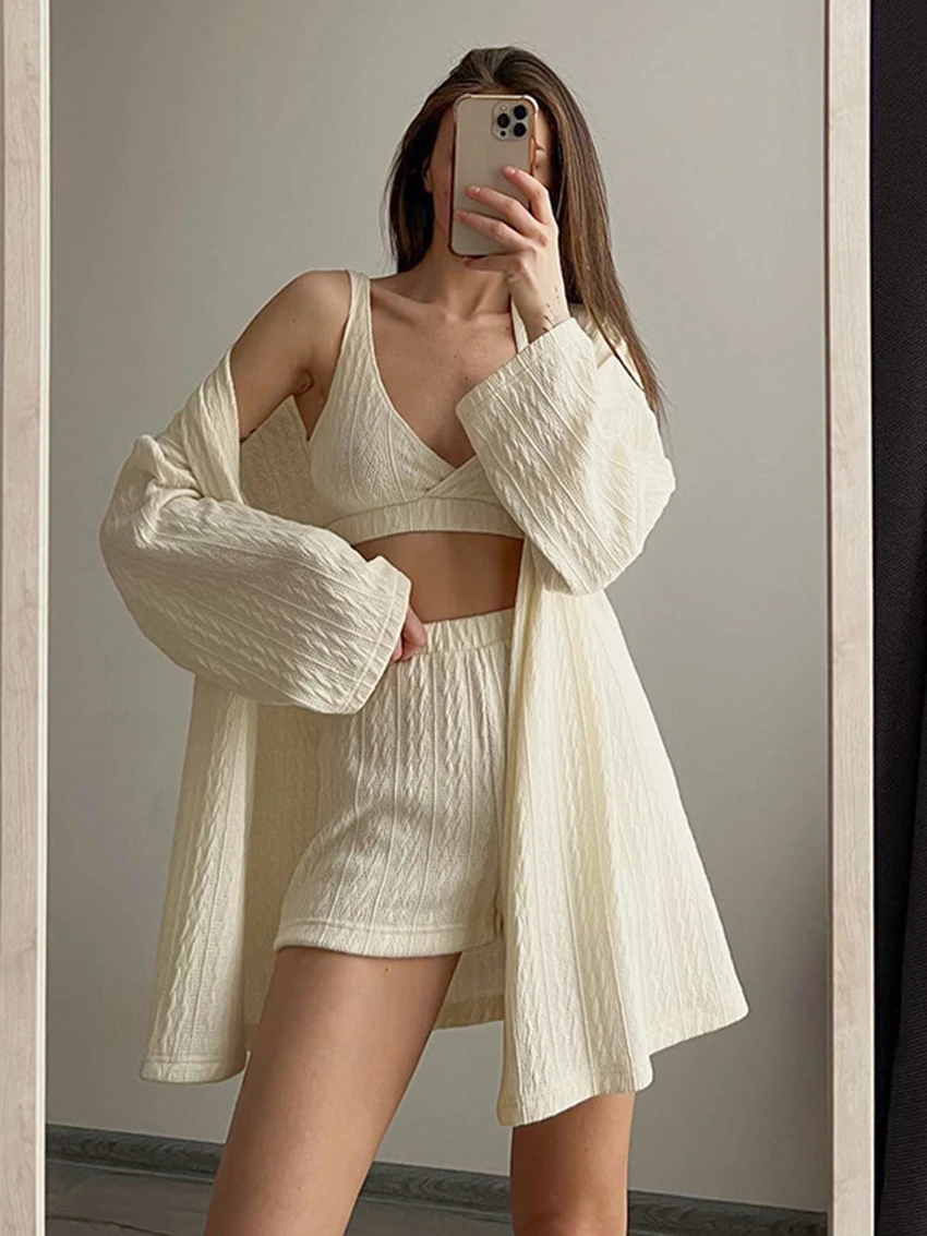 Marthaqiqi Long Sleeve Ladies Sleepwear 3 Piece Suit Sexy V-Neck Pajama Low-Cut Tank Tops Nightwear Shorts Causal Nightgowns Set