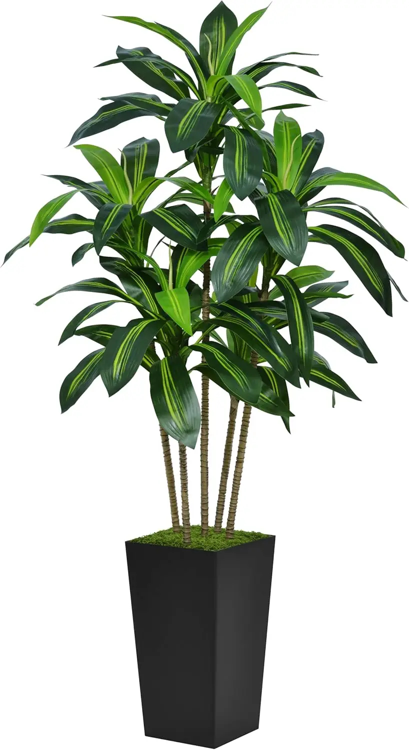 Artificial Dracaena Tree 5Ft - Faux Tree With Black Tall Planter - Fake Tropical Yucca Floor Plant Potted - Artificial Silk