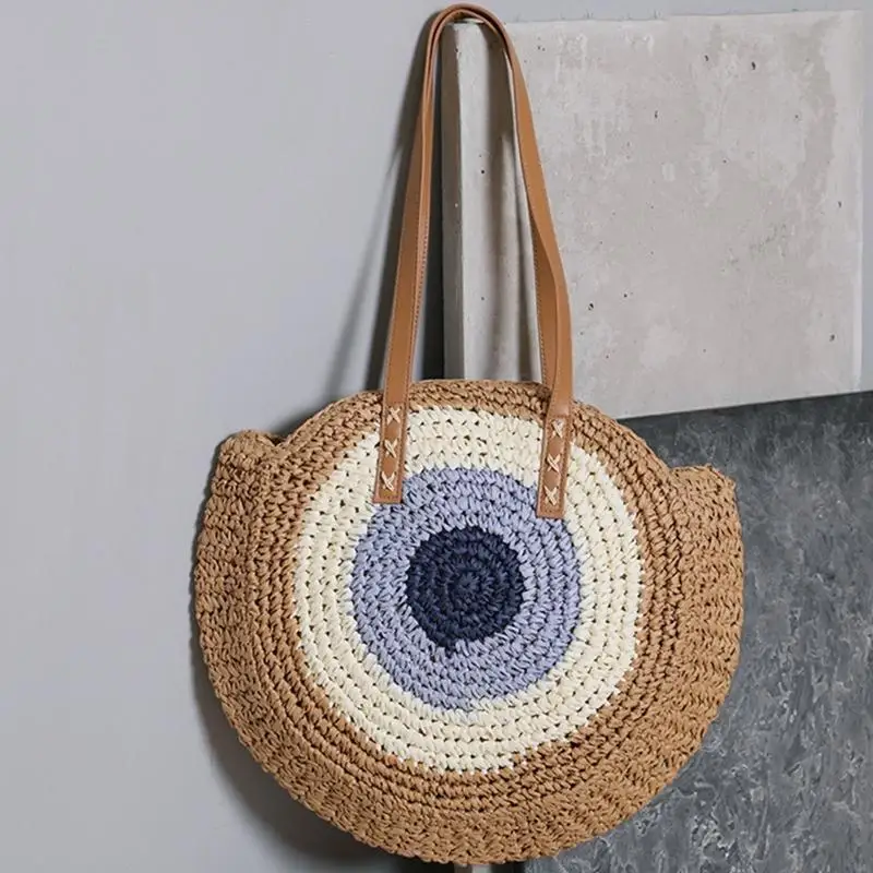 

340D Ethnic Woven Round Bag Straw Handbag with Zipper Shoulder Bag for Girls