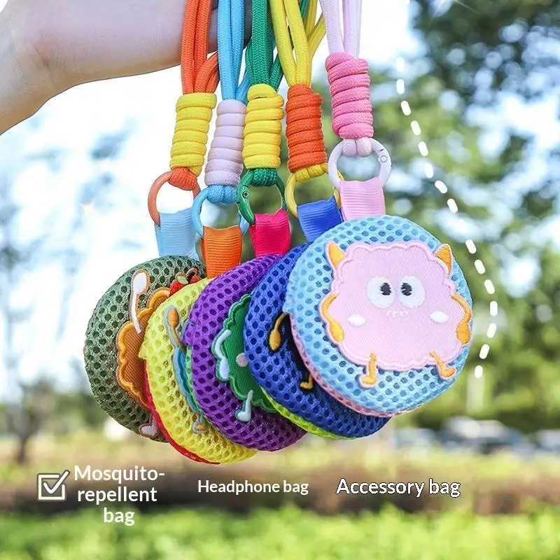 Cute Cartoon Mesh Mini Storage Pouch With Portable Lanyard Multipurpose For Daily Use Storing Headphone Mosquito-proof