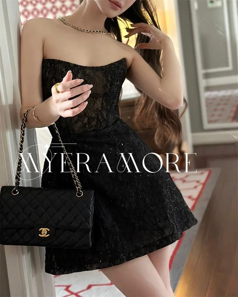 현대적인 스트랩리스 짧은 프롬 드레스 레이스 아플리케 여성용 칵테일 드레스 A라인 파티 가운 맞춤 제작 이브닝 드레스