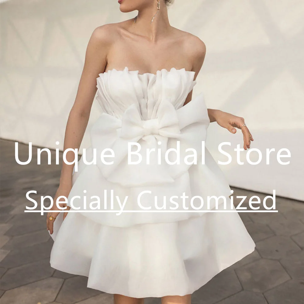 Customized Short Organza Wedding Dress Scalloped A-Line Backless With Bow Tiered Back Zipper Beautiful Mini New Design Bridal Dr