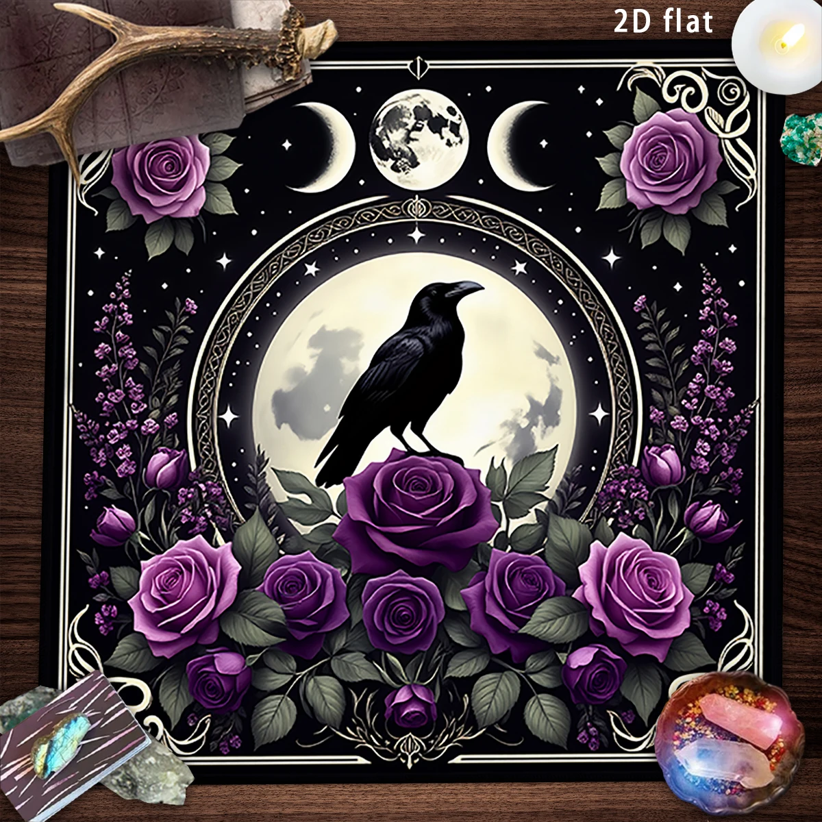 Vintage Black Raven Moon Phase Tarot Table Cloth Dark Floral Astrology Divination Altar Cloth Board Game Card Pad Wall Rug