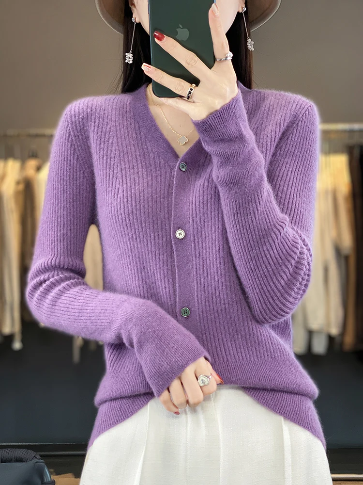 Devin Women's V-neck Slim Cardigan Spring Autumn 100% Merino Wool Sweater Solid Comfort Cashmere Knitwear Korean Popular Cloth