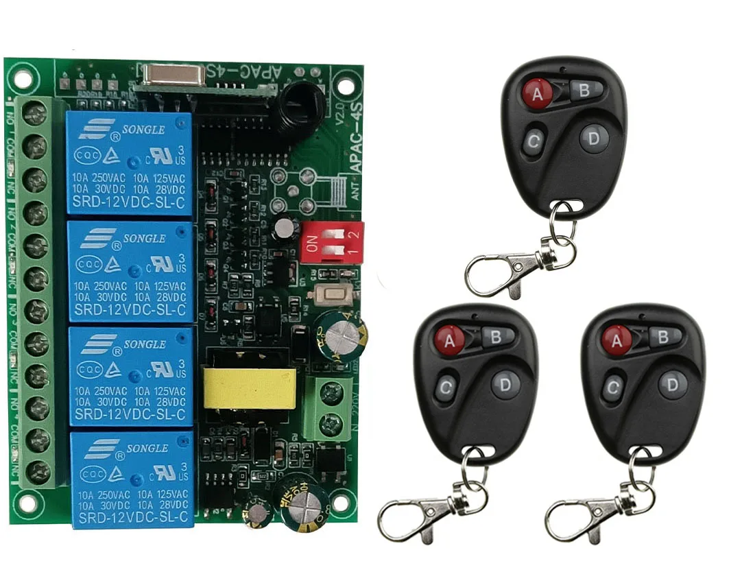 Universal AC110V 220V 230V 10A Relay 4CH 4 CH Wireless RF Remote Control Switch Transmitter+Receiver Module,315 / 433 MHz