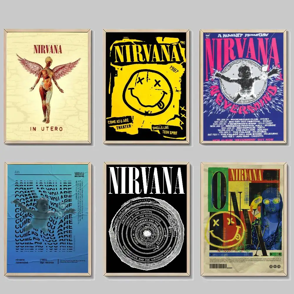 Selbstklebendes Kunstposter, Dekoration, Malerei, Wandkunst, weißes Kraftpapier, Heimdekoration, Rockband A-N-Nirvana-Album