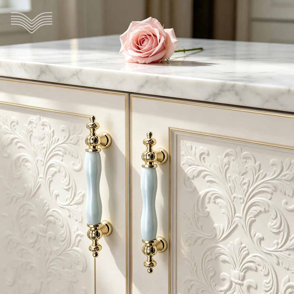 Gloss Pastel Ceramic Cabinet Pull Handles, Cute Golden Furniture Knobs, Single Hole Drawer Door Pulls for Girls Wardrobe Cupboar