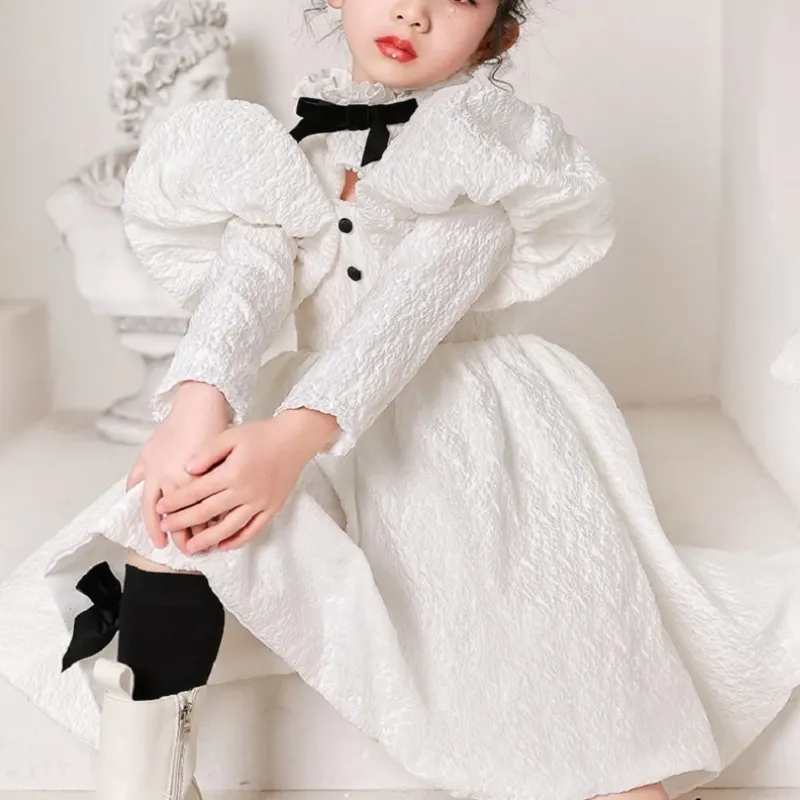 Baby Girl Princess Vintage Dress Long Puff Sleeve Infant Toddler Teens Vestido Wedding Party Bridemaid Baby Clothes 1-14Y