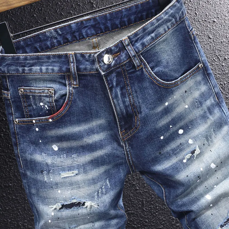 newY2K jeans, painted, washed, nostalgic, stretchy, slim fit, blue, men's jeans, designer, hip-hop brand, embroidered p