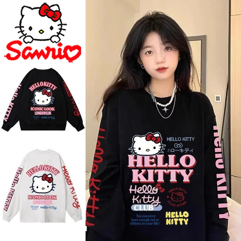 

Sanrio Hello Kitty Long-sleeved T-shirt Cartoon Girls Cotton Loose Casual Print Top Y2K Autumn Winter Fashion Couple Street Top
