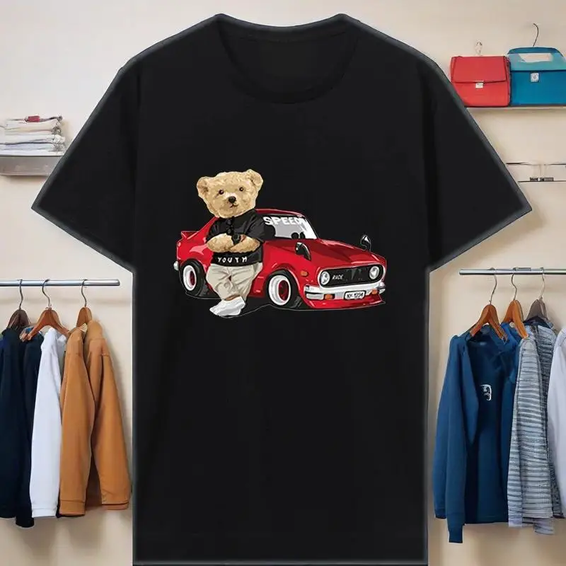 

2025 Women's Graphic T-shirt Teddy Bear Race Car T Shirt Cotton Short Sleeve Tees Streetwear Women Clothing Fashion Trends