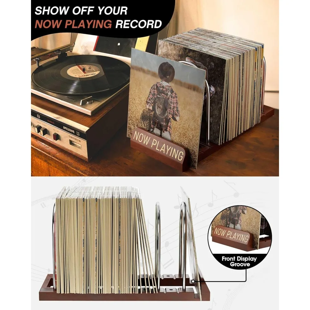 Now Playing Vinyl Record Stand, 50 LP Vinyl Record Storage with Non-slip Grooves, Wood Now Spinning Vinyl Record Holder