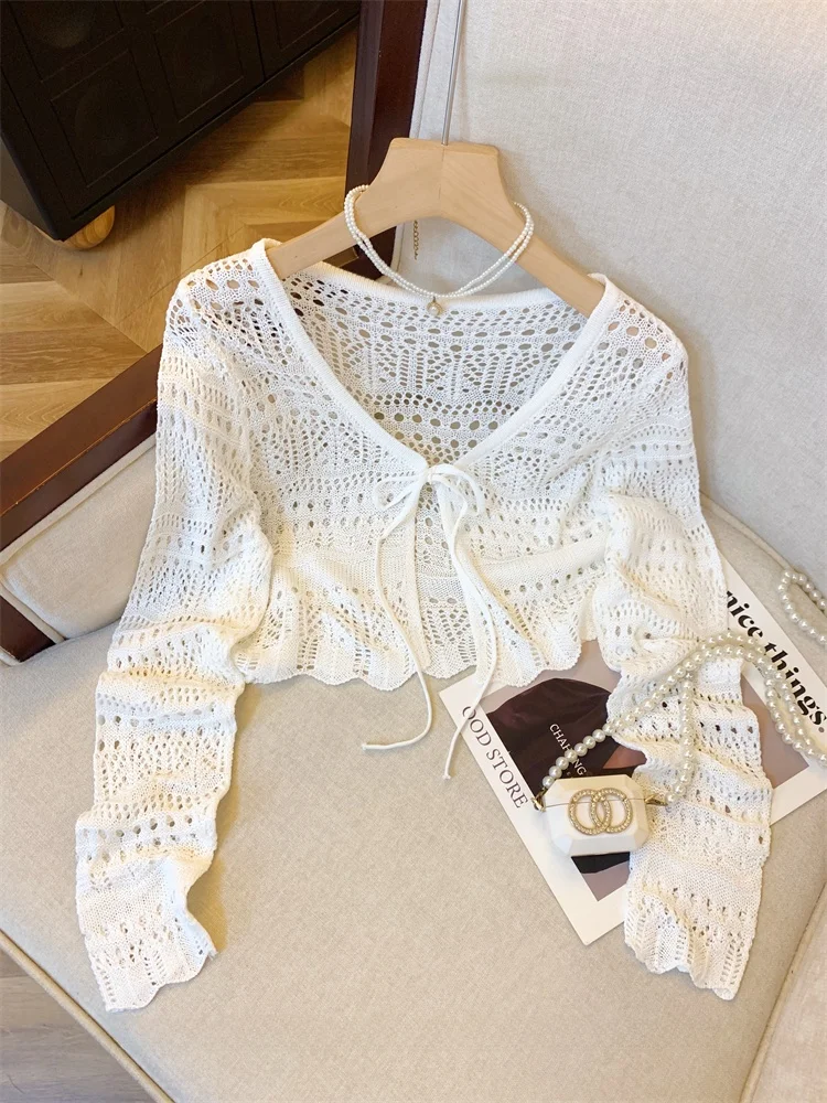 

Women's Ice Silk Hollow out Knitted Cardigan Summer Sle Outerwear with Strap Dr Fiing Net Cover up Sun Protection or...