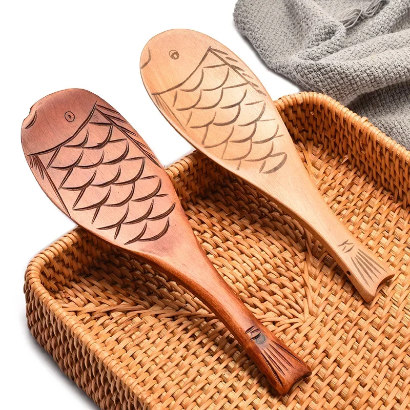 Japanese Wooden Rice Spoon Wooden Fish-shaped Rice Spoon Hand-carved Non-stick Kitchen Cooking Tools Frying Steak Spatula