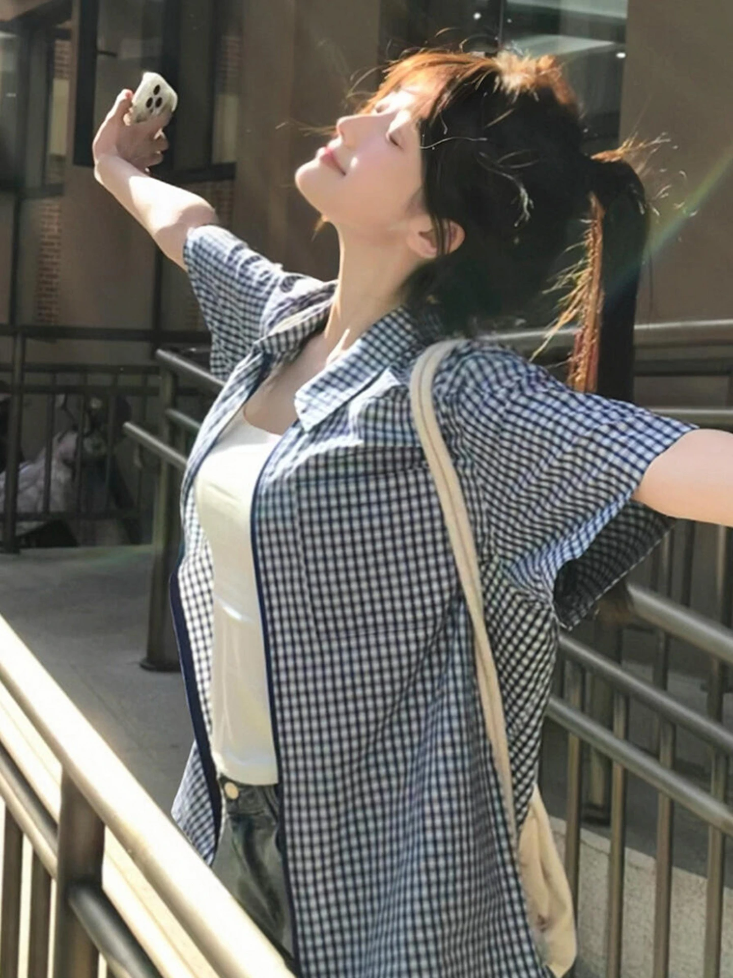 

Blue ort Sve Zipper irt Women's Spring 2026 New Retro Plaid Open Cardigan Outerwear Cotton Loose Fit Sweet Sle