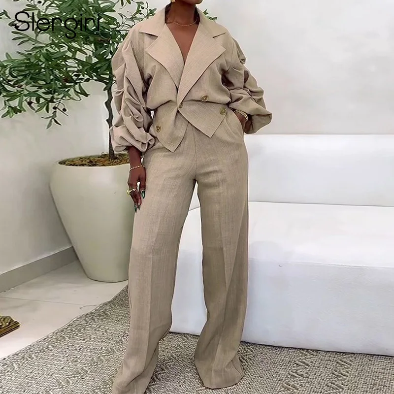 

Slergiri Women's Double Breasted Notched Neck Blazer Jacket 2025 Autumn Fashion Office Ladies Casual Suit Pants Two Piece Set