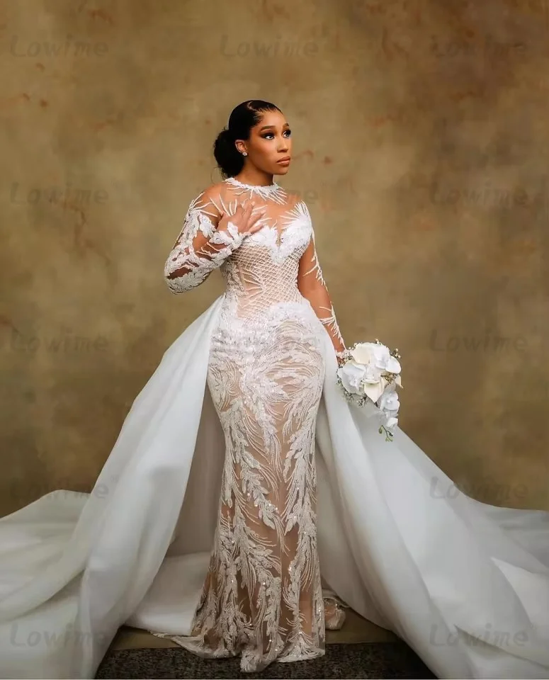 2026 Customized African Arabic Plus Size Illusion Mermaid Ivory Wedding Dress Sequined Lace Bridal Gowns Elegant Bride Dresses