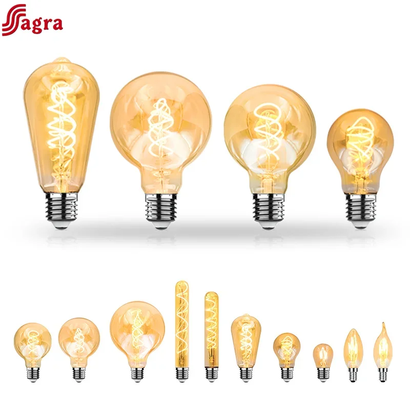 

1-10pcs E27 E14 LED Bulb AC 220V Vintage Spiral LED Filament Light Bulb C35 A60 T45 ST64 T185 T225 G45 G80 G95 4W Edison Lamp