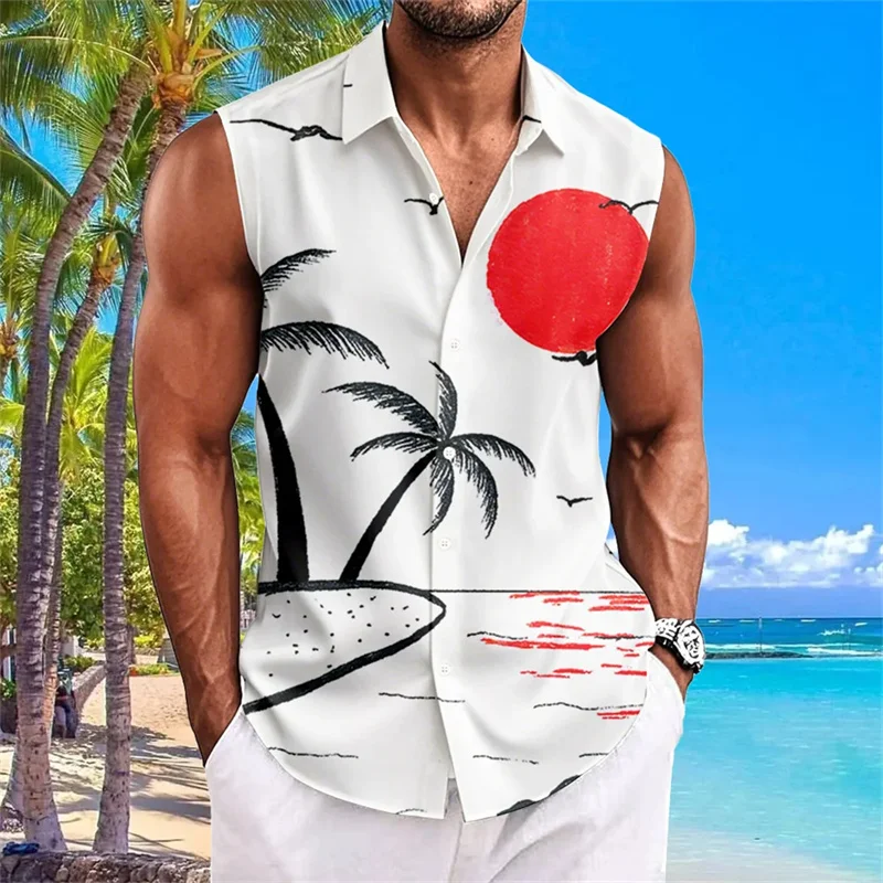 New summer men's comfortable and refreshing sleeveless shirt with 3D coconut tree print, beach casual shirt, Hawaiian shirt.