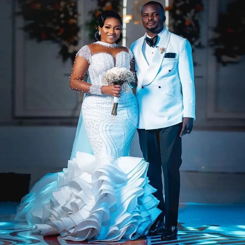 2025 Aso Ebi Trouwjurken Sheer Hals Illusion Lange Mouwen Tule Kant Tiered Zeemeermin Bruid Toga Afrikaanse Vestidos De Noiva