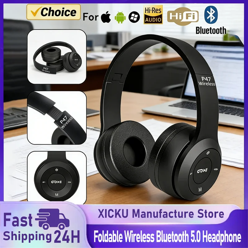 P47 Bluetooth 5.0 Wireless Headphone Foldable HIFI Stereo Bass Earphone Kid Helmet Gift With Mic USB Adaptor For iPhone Game