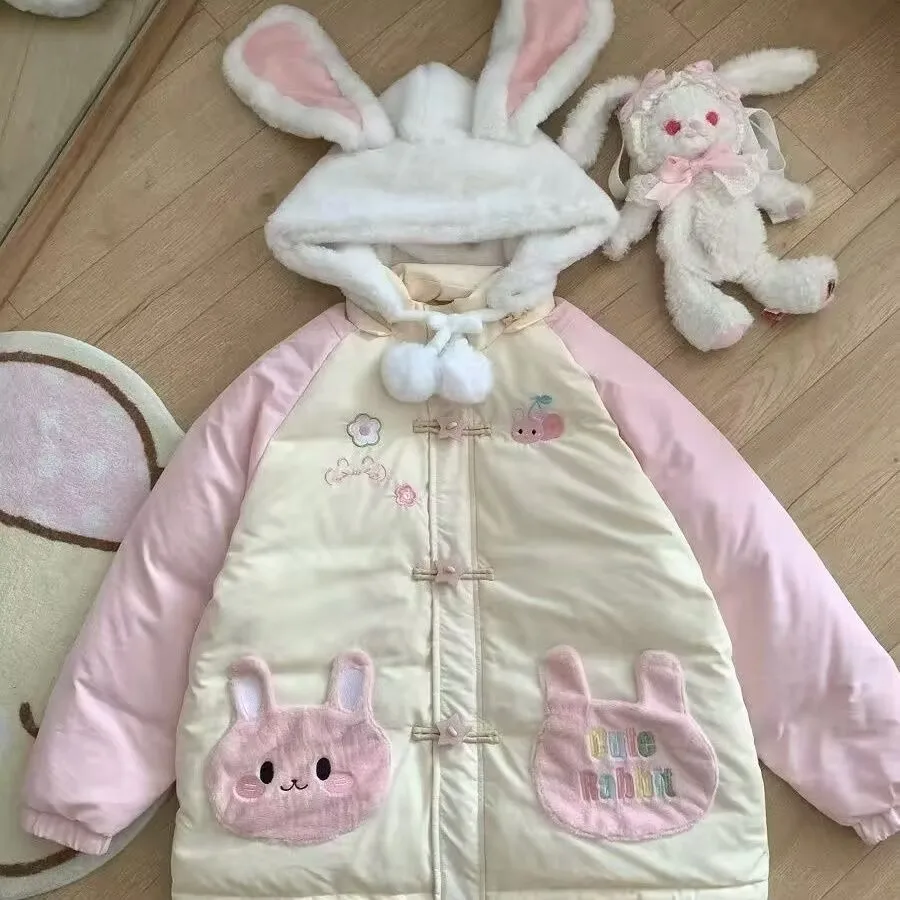冬コート女性女性かわいいウサギの耳フード付きジャケット漫画刺繍ロリータジッパールーズカジュアルパッド入り Y2k パーカー