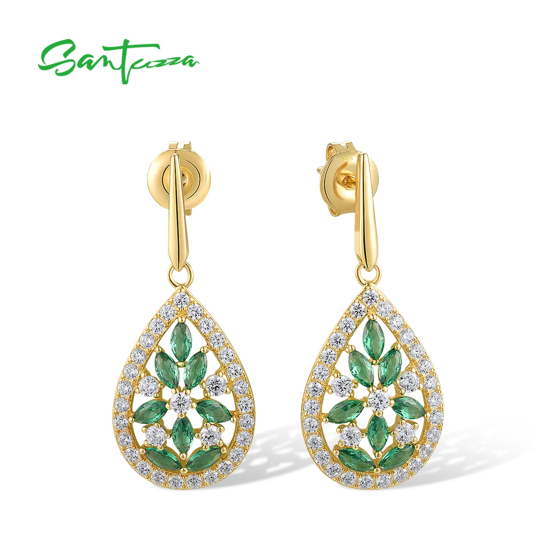 

SANTUZZA 925 Sterling Silver Drop Earrings For Women Sparkling Green Spinel White CZ Fantastic Party Wedding Gifts Fine Jewelry