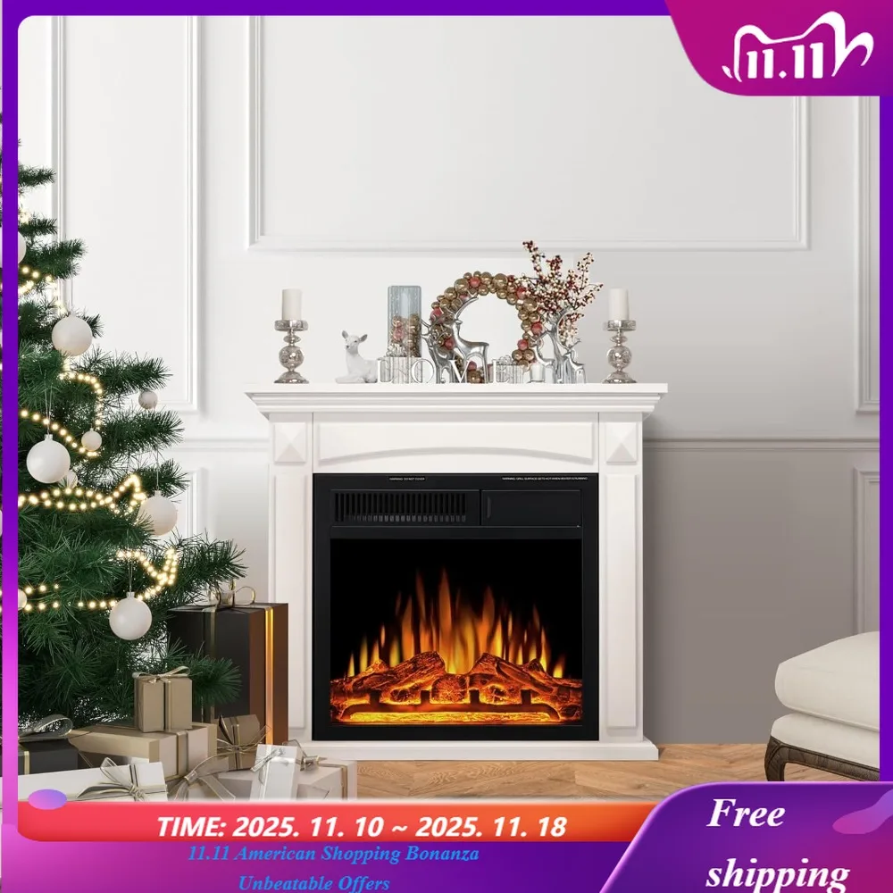 

27-дюймовый электрический камин, деревянная каминная коробка с объемным звуком, подставка для телевизора с отдельно стоящим электрическим камином, пульт дистанционного управления,