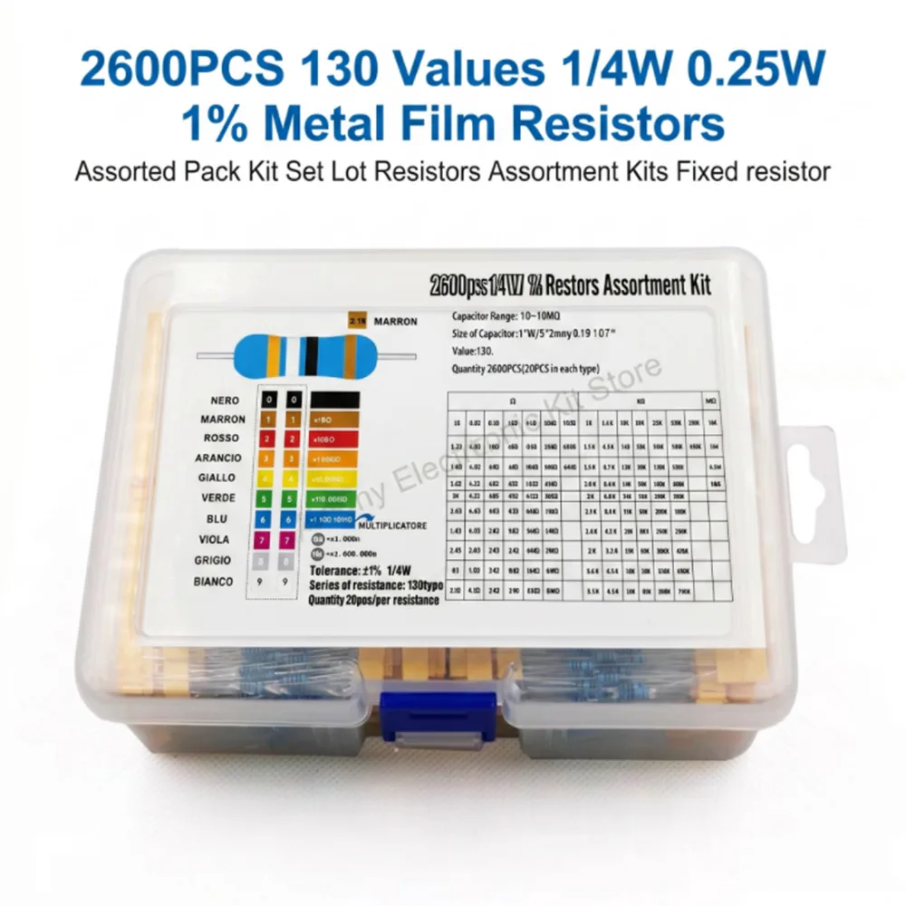 2600pcs/lot 130 Values 1/4W 0.25W 1% Metal Film Resistors Assorted Pack Kit Set Lot Resistors Assortment Kits Fixed resistor