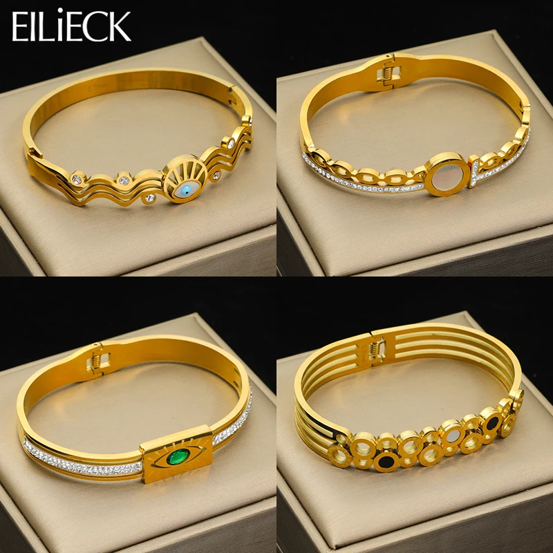 EILIECK 316L Stainless Steel Eye Roman Numerals Bangles For Women Girl Trendy Gold Color Bracelets High Quality Jewelry Gift